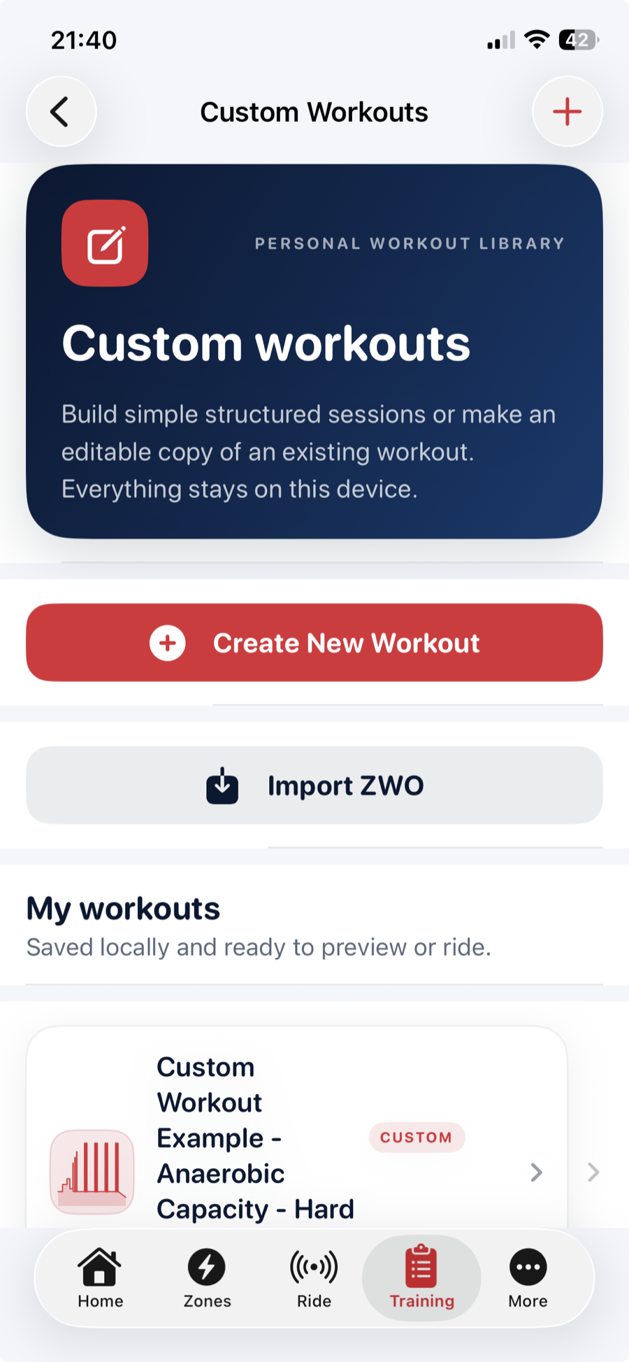 Inside Edge Ride Custom Workouts library with create and import controls