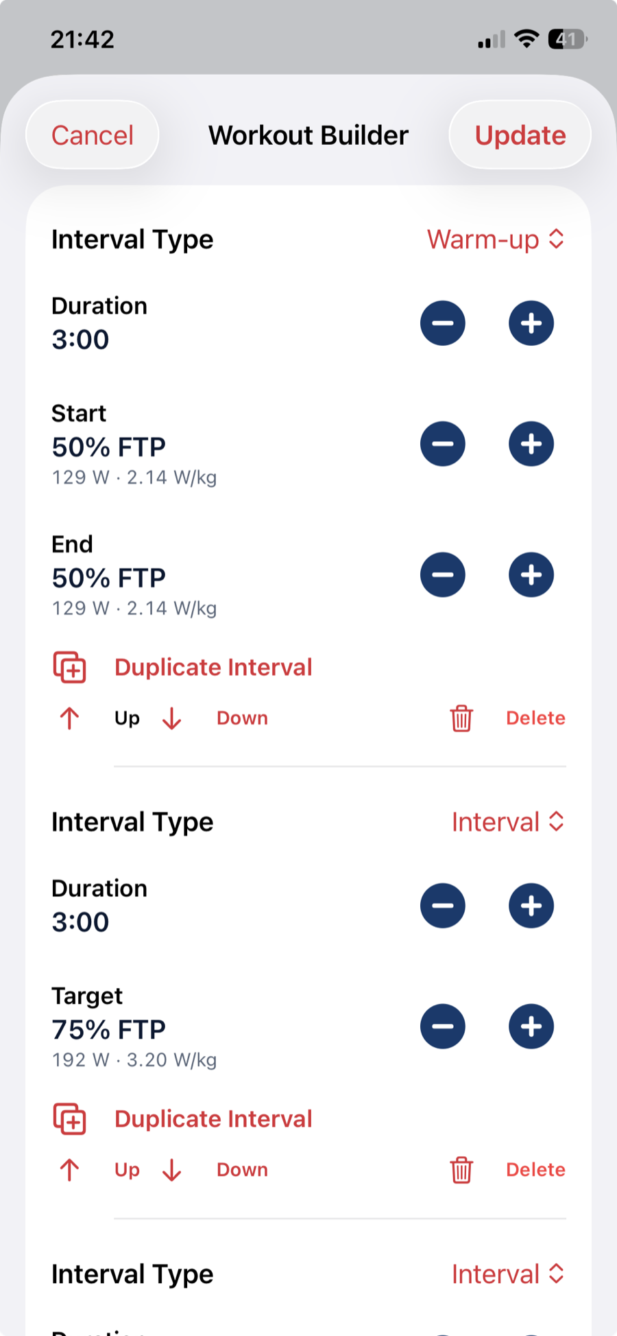 Workout Builder showing warm-up and interval controls with duplicate, move and delete actions