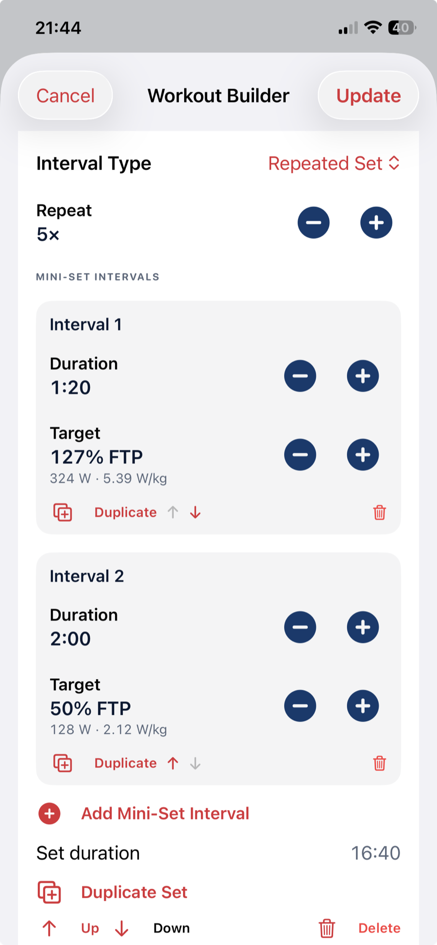 Workout Builder Repeated Set containing two editable mini-set intervals