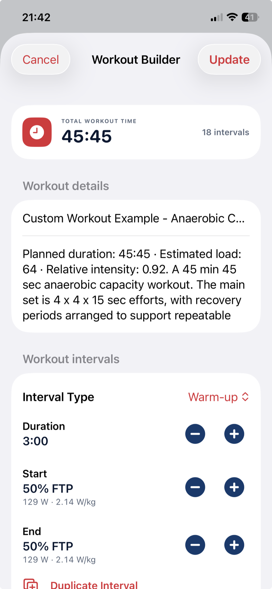 Workout Builder showing total workout time, interval count, description and a warm-up interval