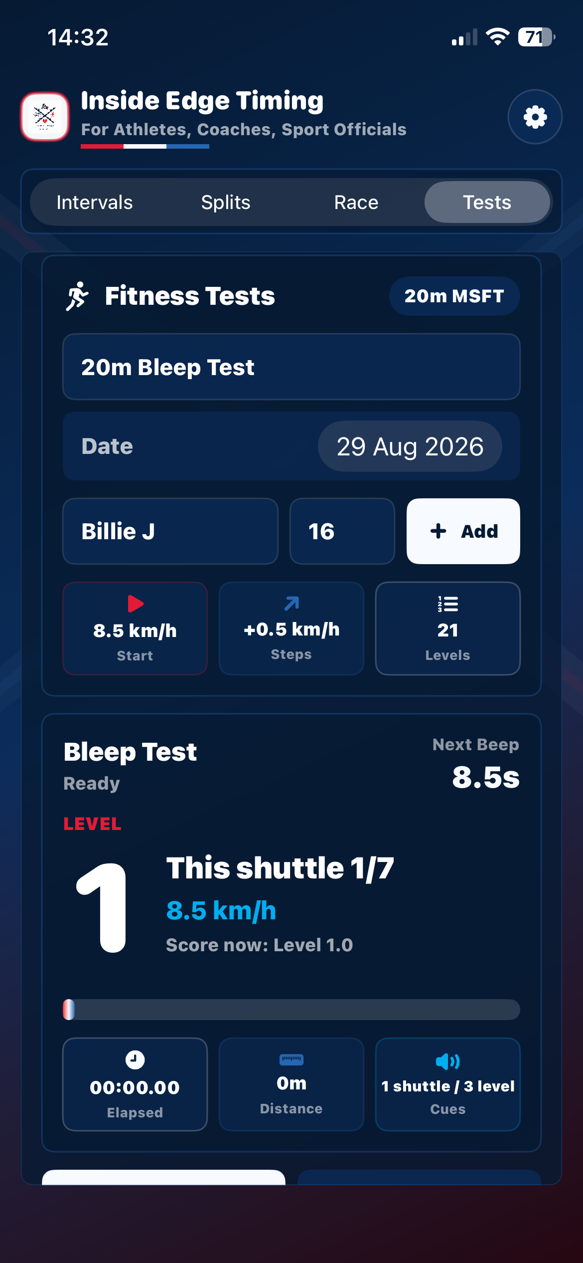 20m bleep test setup with athlete entry