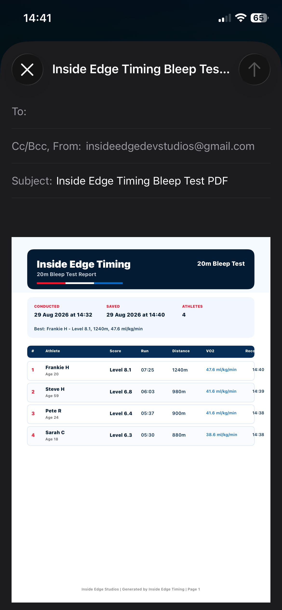 Bleep test PDF report in the iOS share workflow