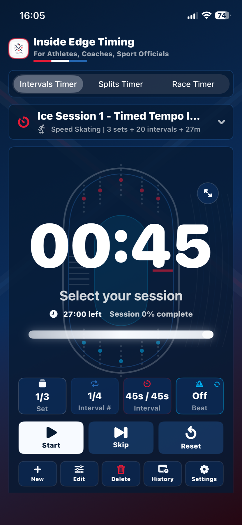 Intervals Timer screen showing a 45 second interval countdown