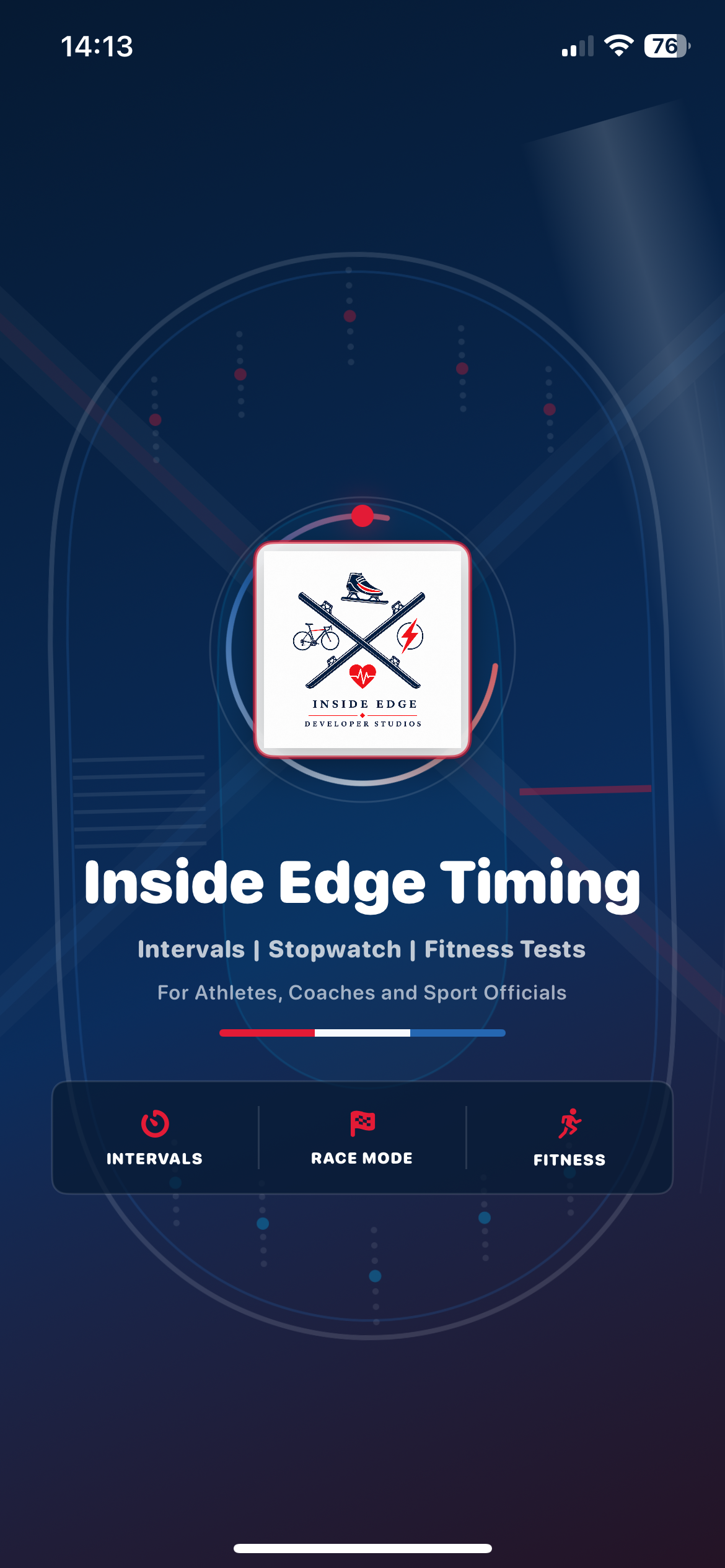 New Inside Edge Timing opening splash screen showing Intervals, Race Mode and Fitness
