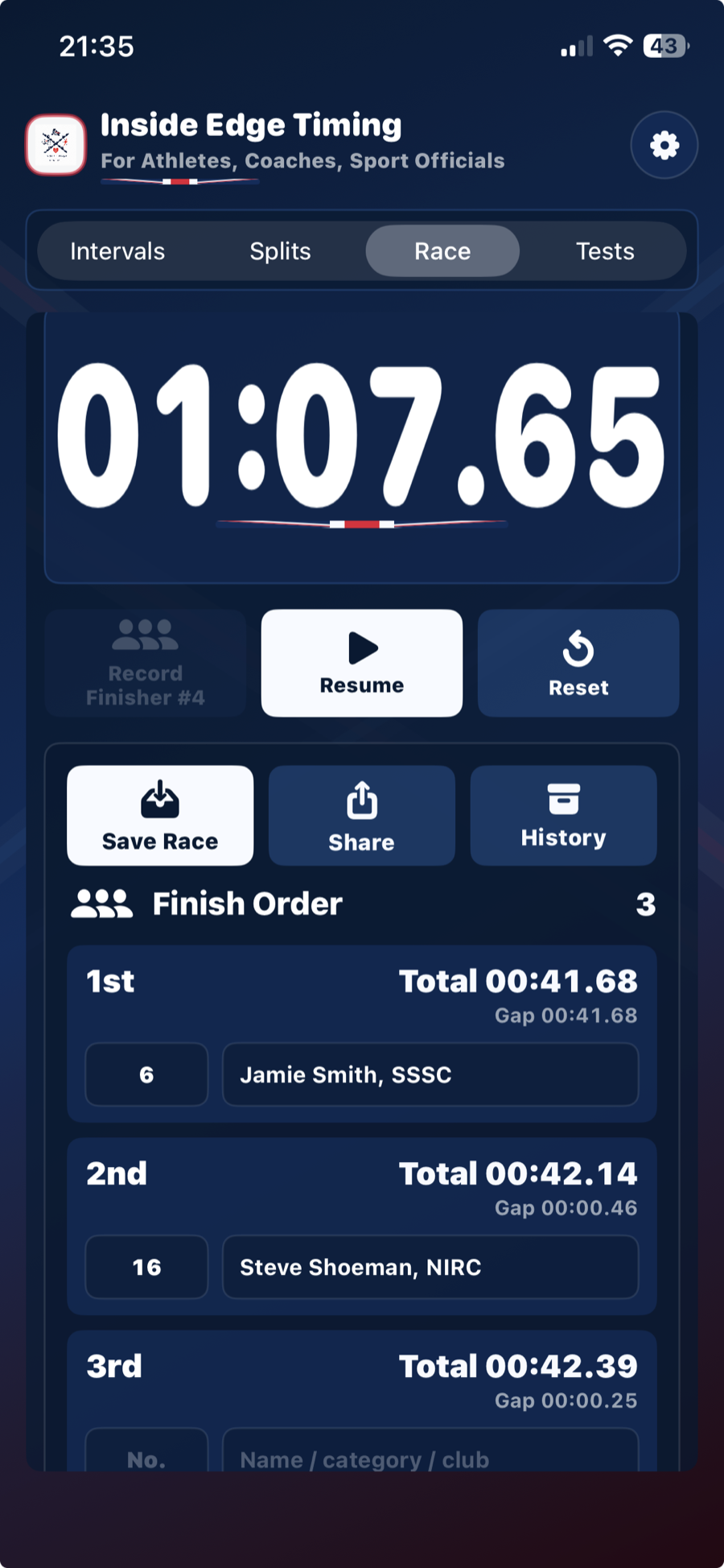 Race Timer showing assigned finishing positions