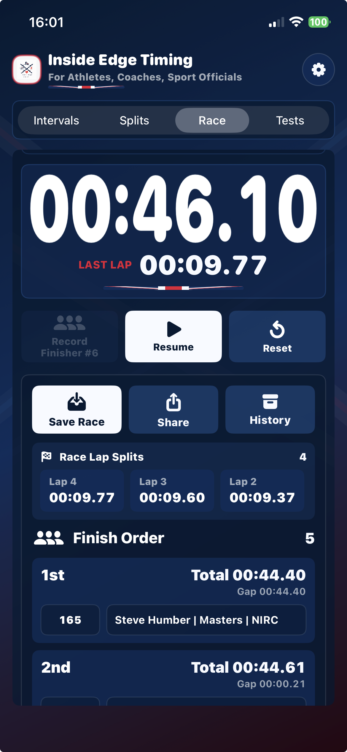 Live Race Timer showing latest lap, race lap splits, finish order, times and gaps