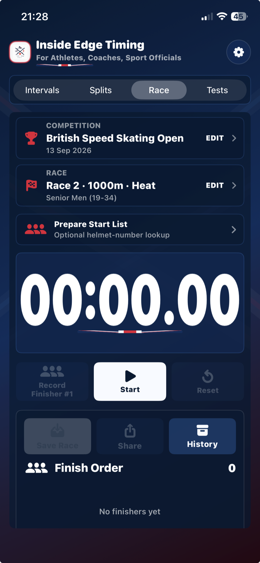 Race Timer ready screen showing competition and race summary cards