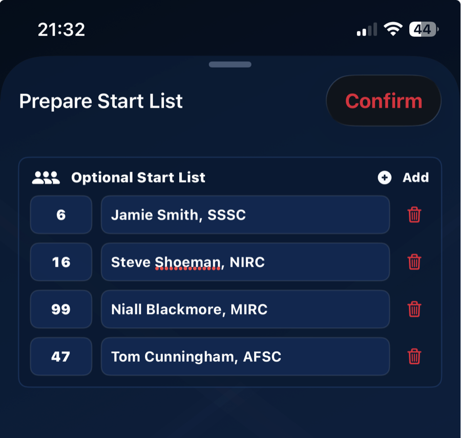 Prepare Start List screen showing helmet numbers and athletes