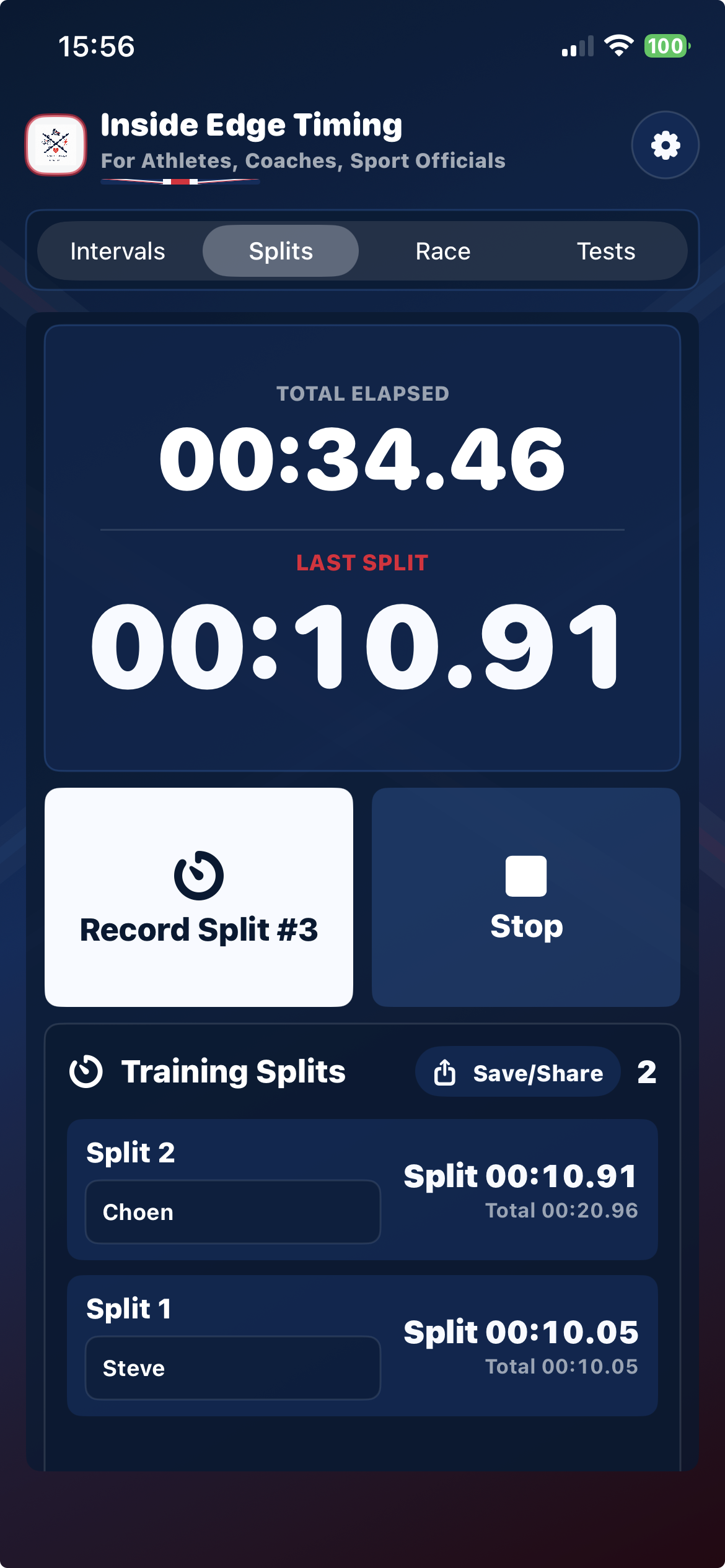 Live Splits Timer showing total elapsed time, latest split and large Record Split and Stop controls
