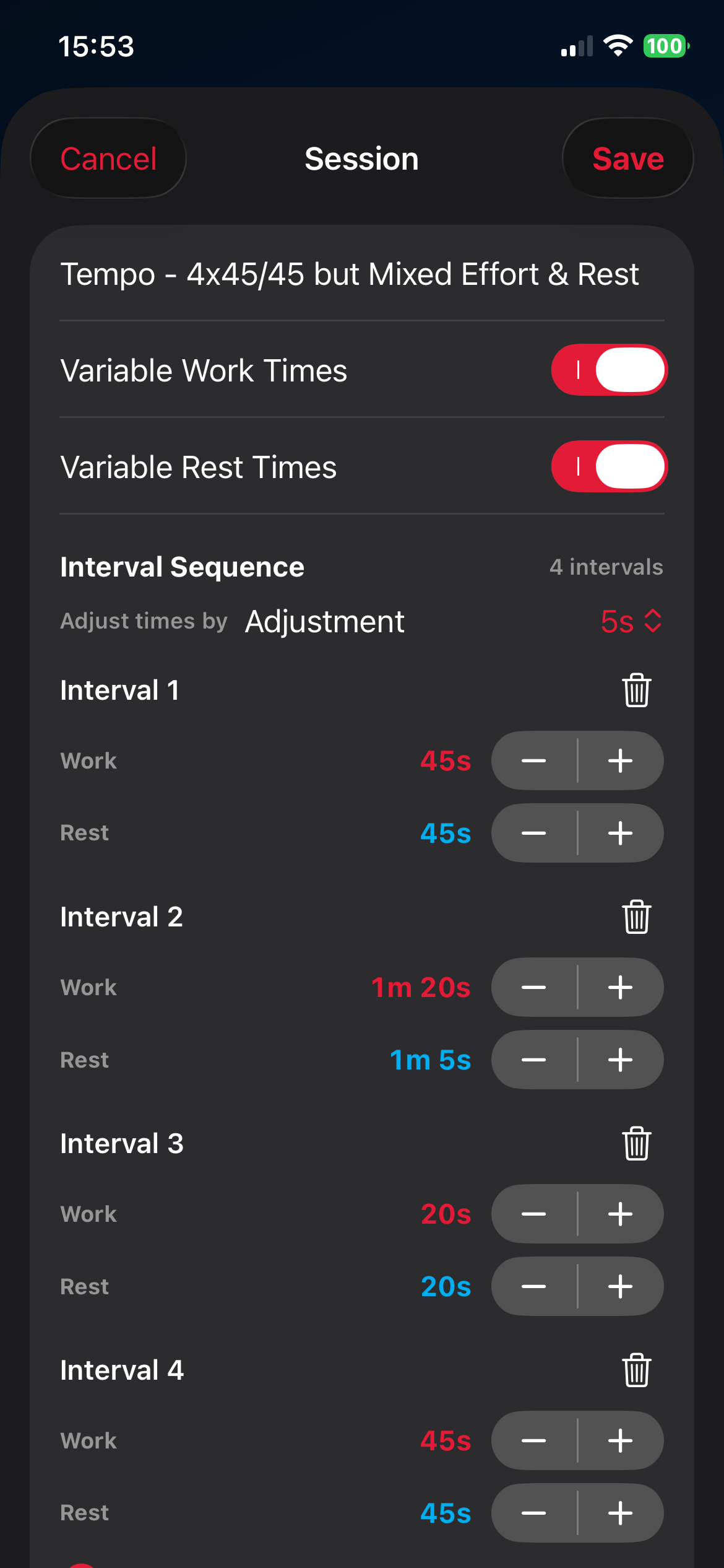 Inside Edge Timing session editor showing variable Work and Rest times across four intervals