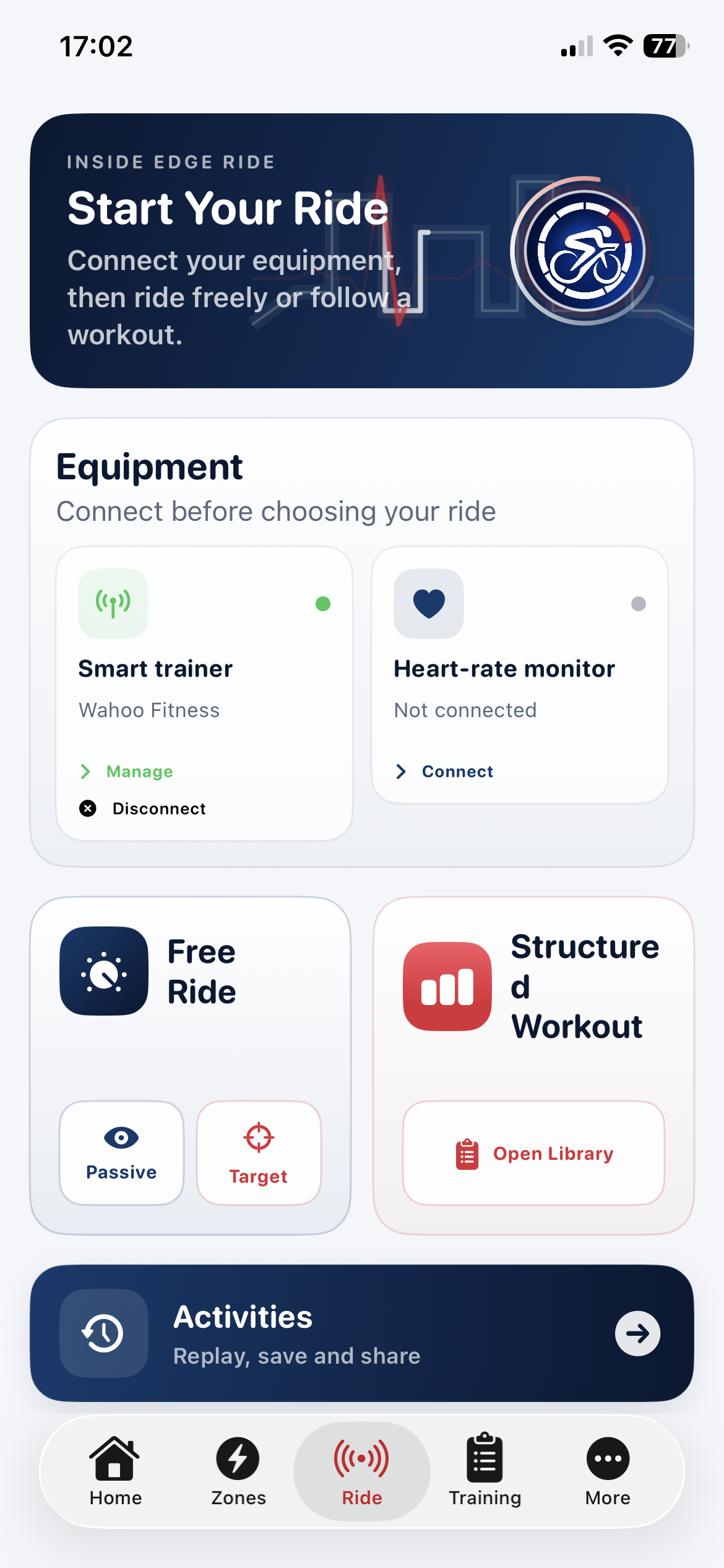 Inside Edge Ride showing a connected Wahoo smart trainer with Free Ride and Structured Workout choices