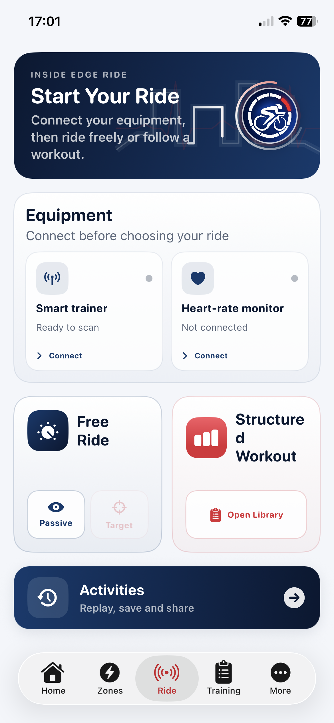 Inside Edge Ride equipment screen ready to connect a smart trainer and heart-rate monitor