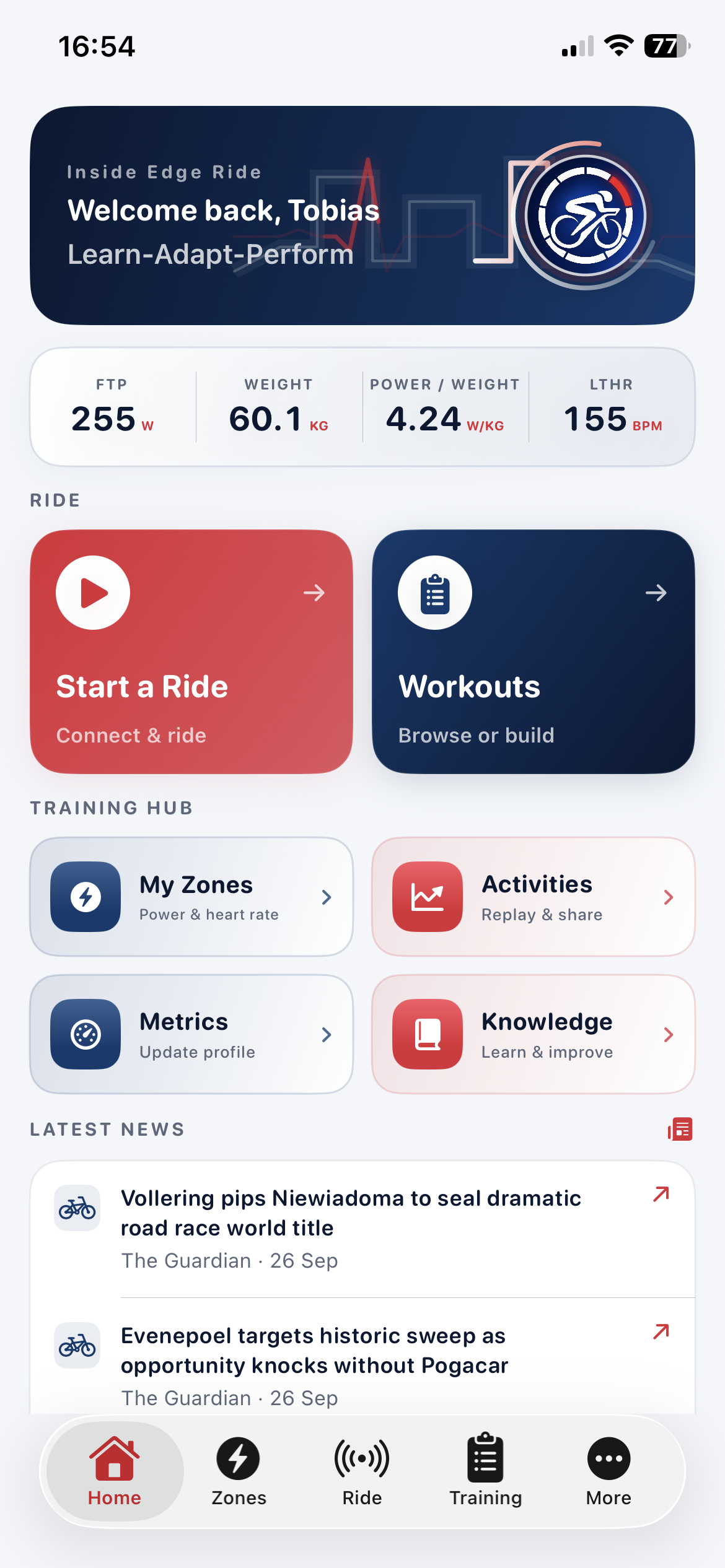 Inside Edge Ride personalised dashboard on iPhone