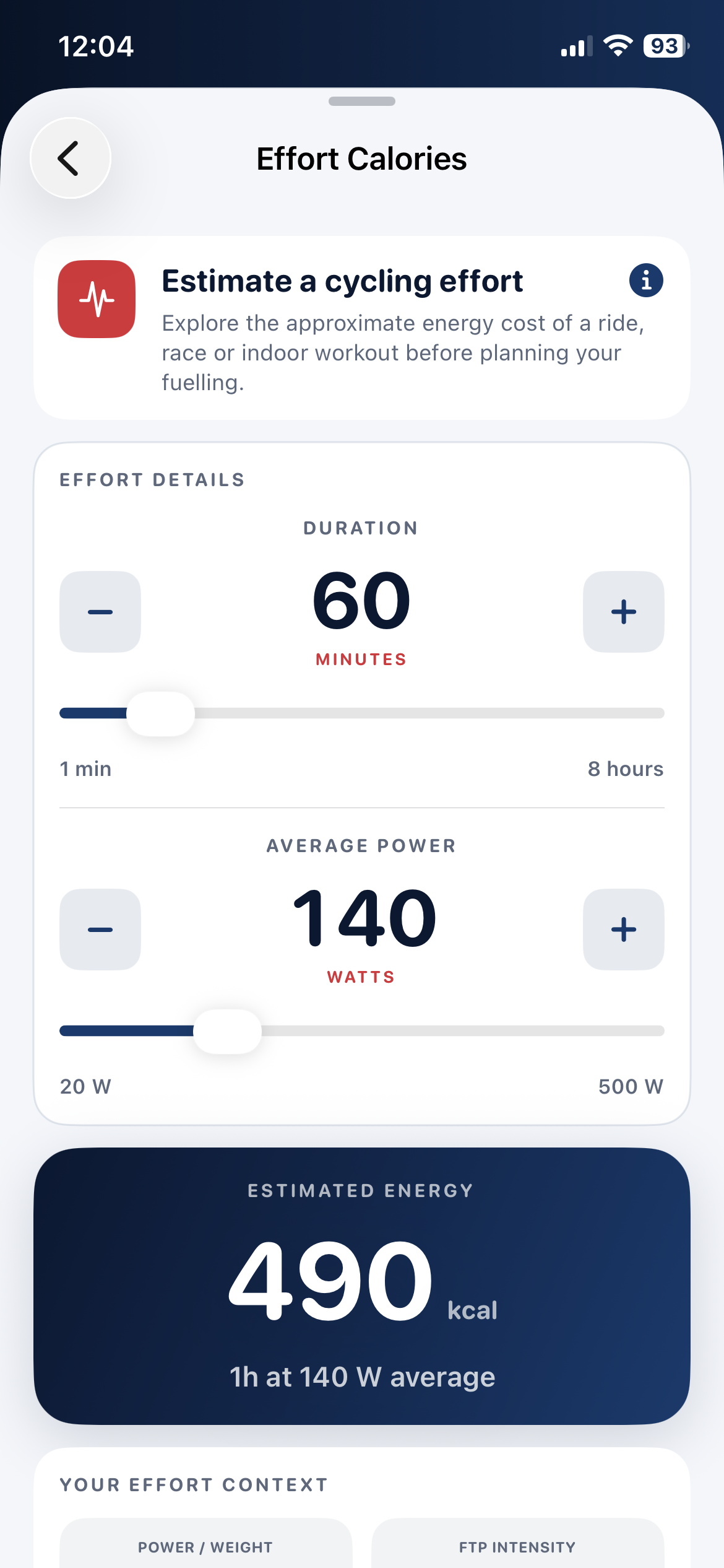Inside Edge Ride effort calories tool