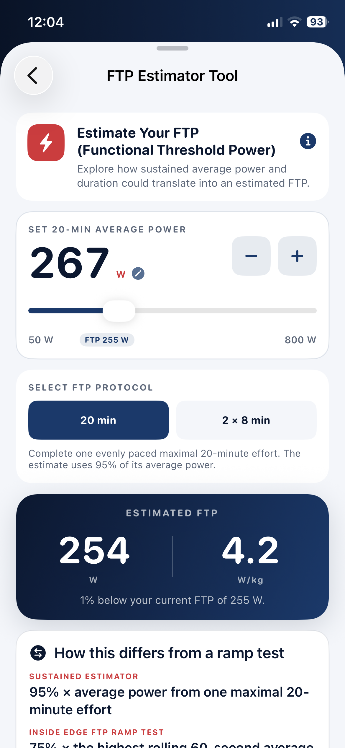 Inside Edge Ride FTP estimator showing sustained and ramp test calculations