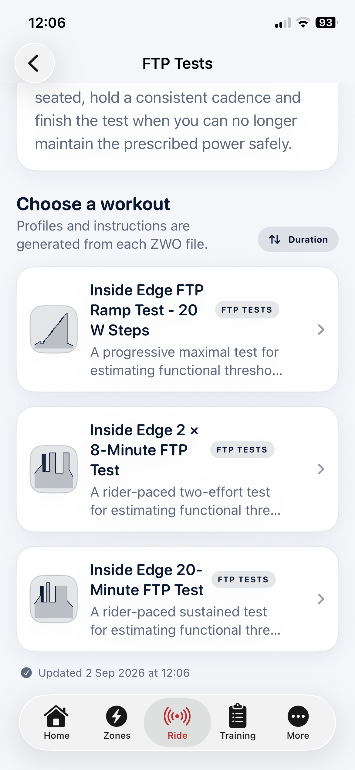 Inside Edge Ride structured FTP test library