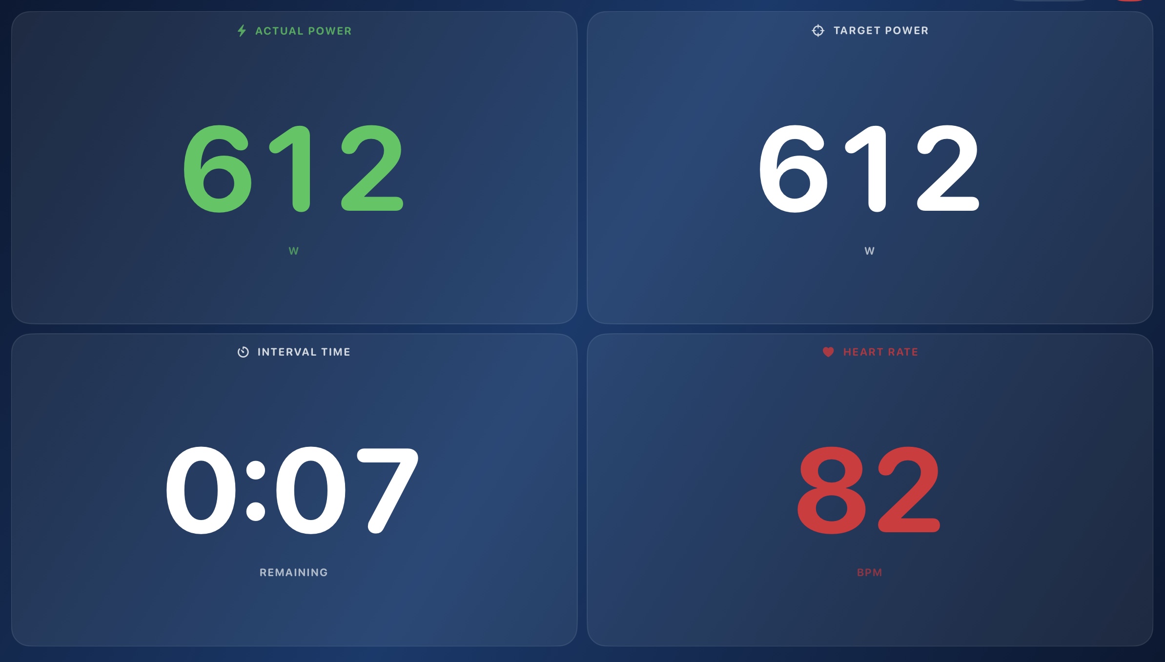 Inside Edge Ride Max Metrics workout screen showing actual power, target power, interval time and heart rate