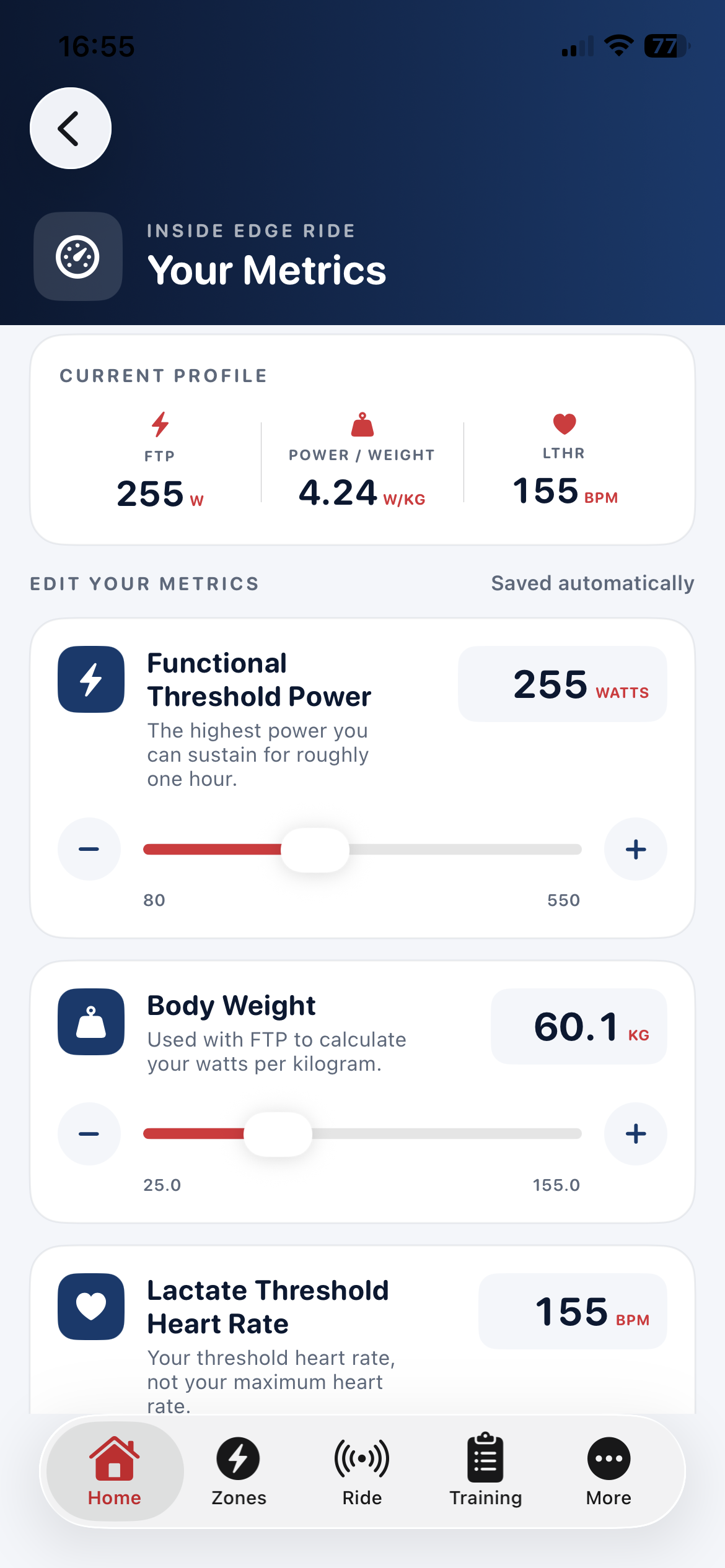Inside Edge Ride profile metrics screen showing FTP, power to weight and LTHR