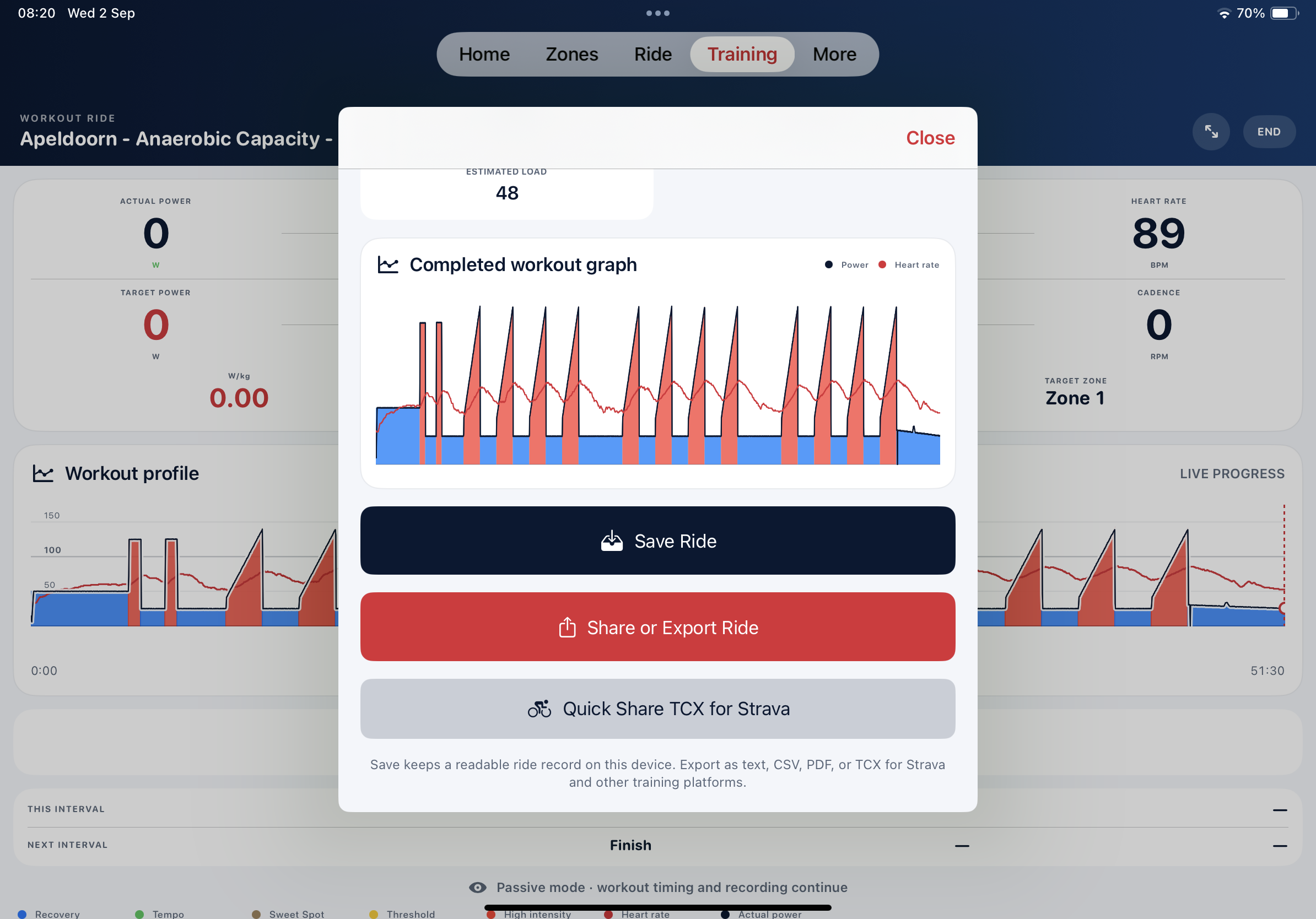 Inside Edge Ride save, share and export options