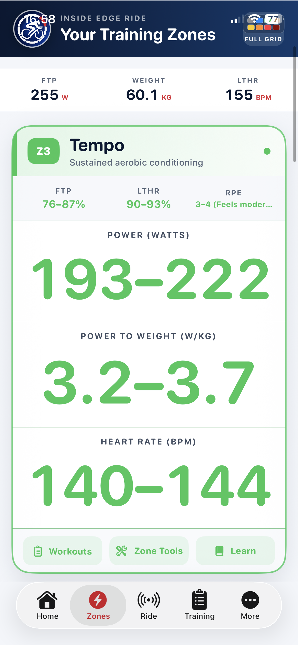 Inside Edge Ride Endurance training zone screen with personalised power, heart-rate and W/kg ranges