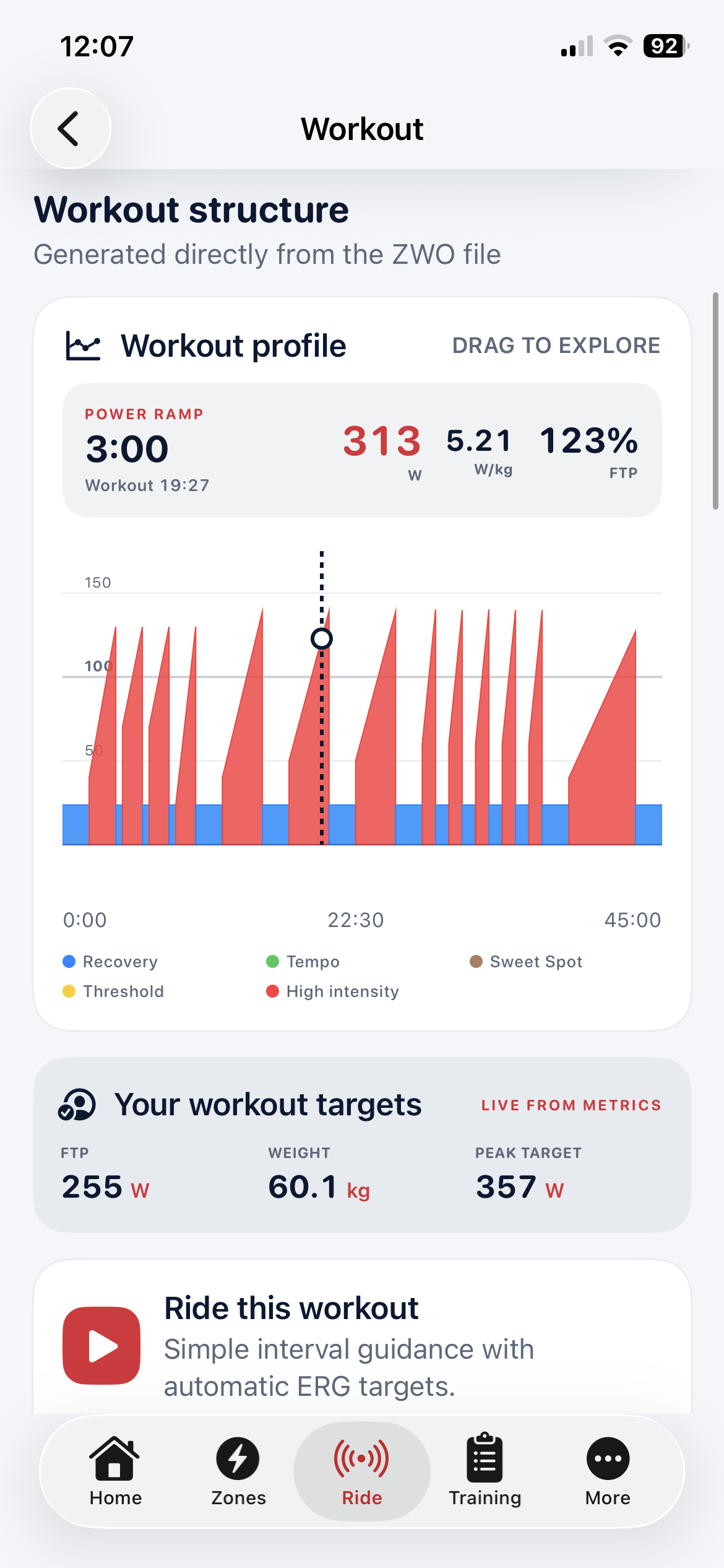 Inside Edge Ride interactive workout profile and personalised targets