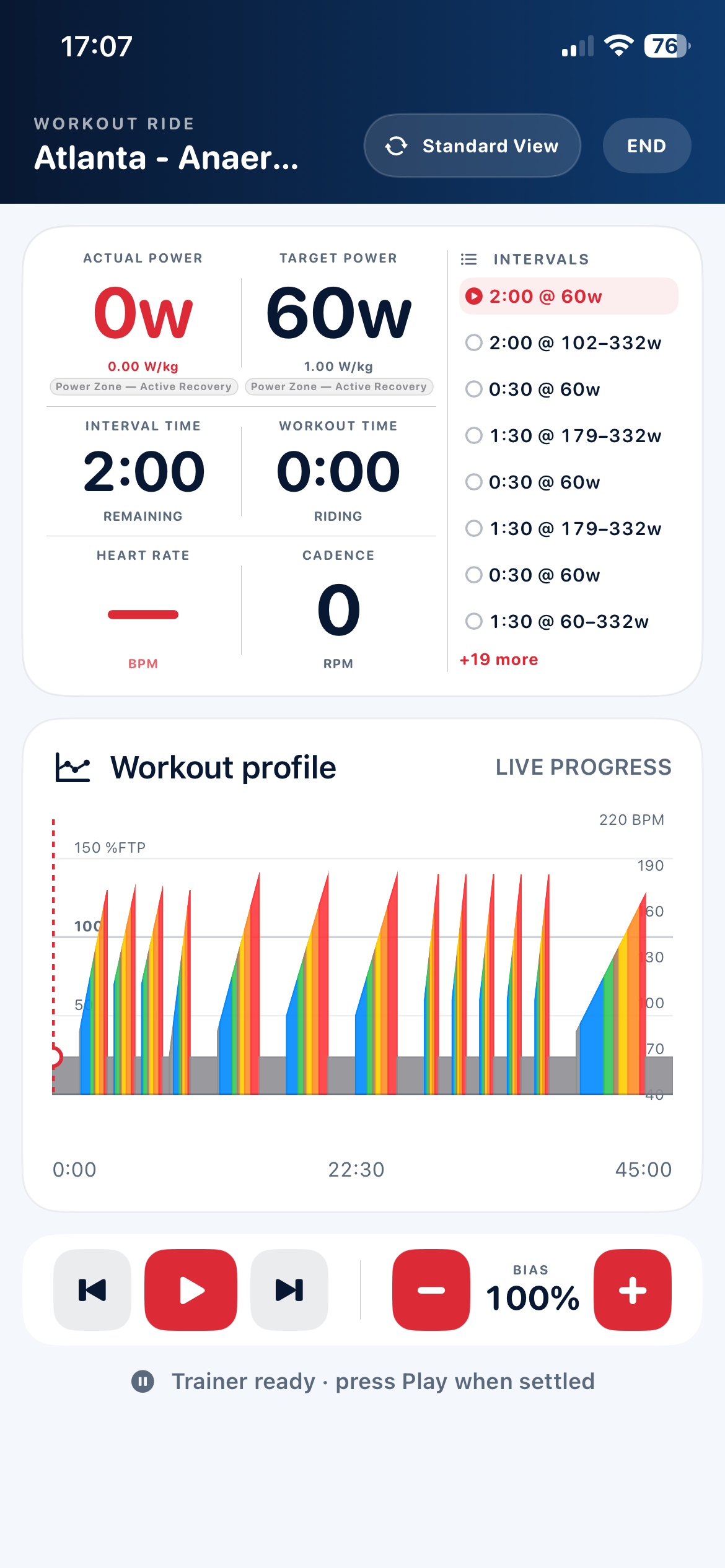 Inside Edge Ride Standard View showing live workout metrics, interval list, profile and controls